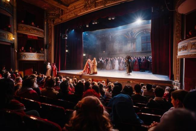 Bild Adobe Express - Actors in full costumes entertain an engaged audience, creating a captivating atmosphere in the historic theater during a live performance. Generative AI